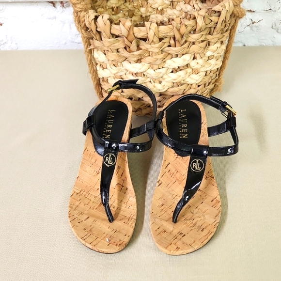 Ralph Lauren Shoes - Ralph Lauren Wedge Patent Leather Black Sandals Size 6 Cork